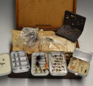 Collection of fly tying materials and boxes of flies: large wooden box containing a large quantity