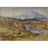 Fishing water colour - titled "Curse the Wash - he's broke one" river scene with mountains in the