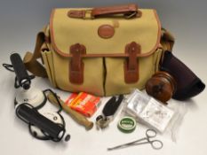 Good Barbour Canvass and Leather tackle bag and assorted tackle: to incl 3.5" Nottingham wooden
