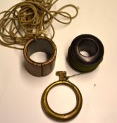 Brass Tackle Release (2): vintage hinged brass tackle release with cord on a mahogany thumb reel and