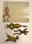 3x Vintage Frog Baits incl "Hollow Meadow" 2.75" Frog (G), small hand painted rubber frog c/w legs