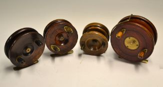 Various Nottingham wooden and brass reels (4): 4 ½ inch brass star back with Slater latch, twin