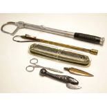Collection of vintage and other fishing accessories (6): Brass single draw trout gaff/priest c/w