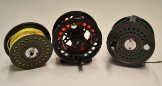 Reels: Orvis Battenkill 8/9 alloy trout fly reel c/w spare spool, both with lines, back plate disc