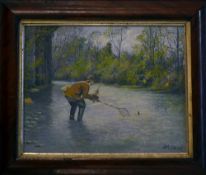 Trout Fishing Oil on Board - stream fishing scene on board signed J. Millent ?- mf&g with gilt slips
