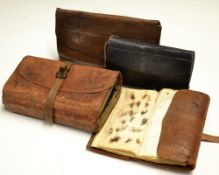 Collection of leather fly wallets (4): various sizes, mostly with parchment and cloth pages, some