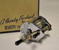 Hardy "The Elarex" multiplier reel, chrome plated, twin handle, level wind brake casting adjuster to