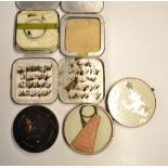 Various Fly Cast tins (5) to incl early circular copper tin with twin lids containing 3x early