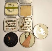 Various Fly Cast tins (5) to incl early circular copper tin with twin lids containing 3x early
