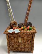 Selection of fishing rods, reels and tackle basket go to sleep go to sleep Fisherman's wicker