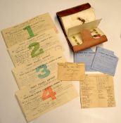Leather fly wallet, flies and ephemera c.1893: 18x various parchment pages, for casts and flies,