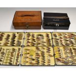 Fine C Farlow & Co Ltd fly reservoir and flies c.1910: comprising Farlow Leather travelling case c/w
