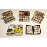 Various Fly Tins and Flies (5): 3x Okuma Alloy Dry fly tins with either clip or foam lined lids,