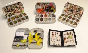 Various Fly Tins and Flies (5): 3x Okuma Alloy Dry fly tins with either clip or foam lined lids,