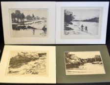 Norman Wilkinson dry point fishing prints (4): titled "A Spring Fish", "Below The Falls", "Fishing