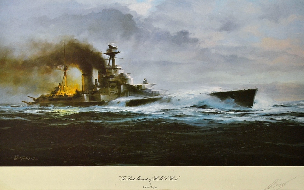 HMS Hood 'The Last Moments' Colour Print by Robert Taylor signed by HMS Hood survivor Liet. Ted - Image 3 of 3