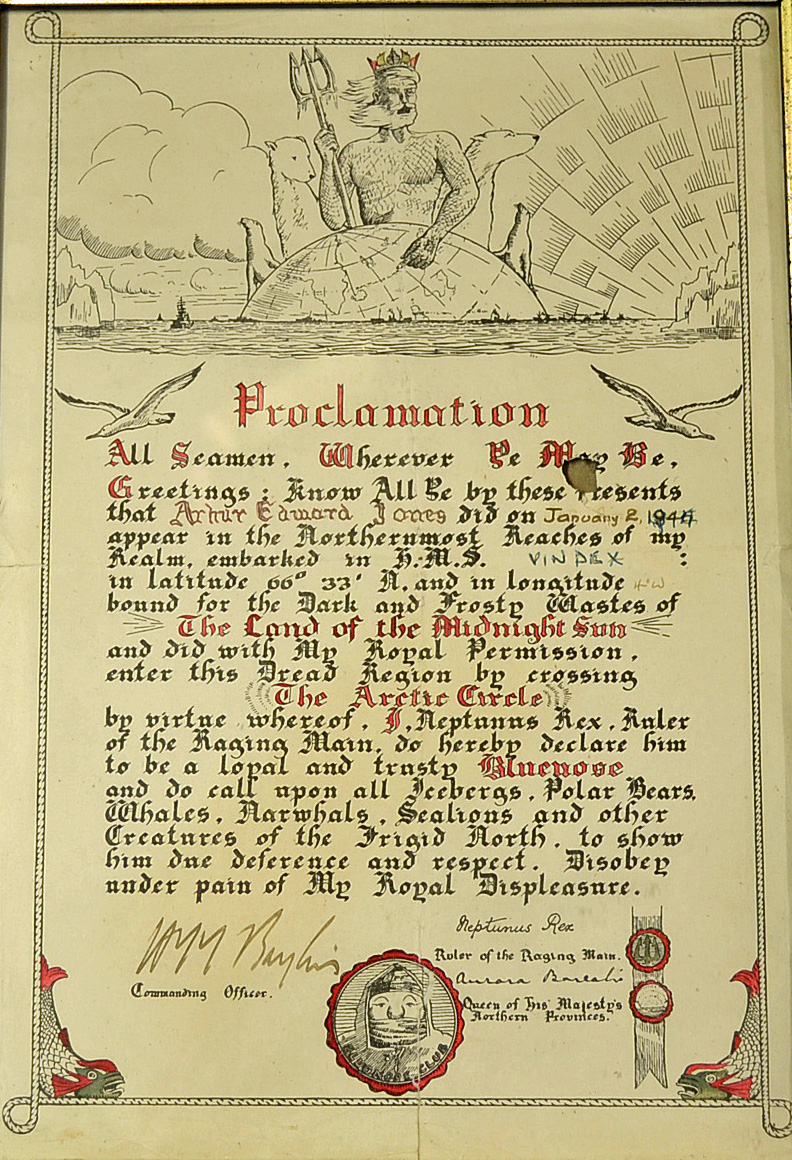 1944 Order of Neptunus Rex 'Proclamation' Certificate - HMS Vindex for crossing The Arctic Circle,