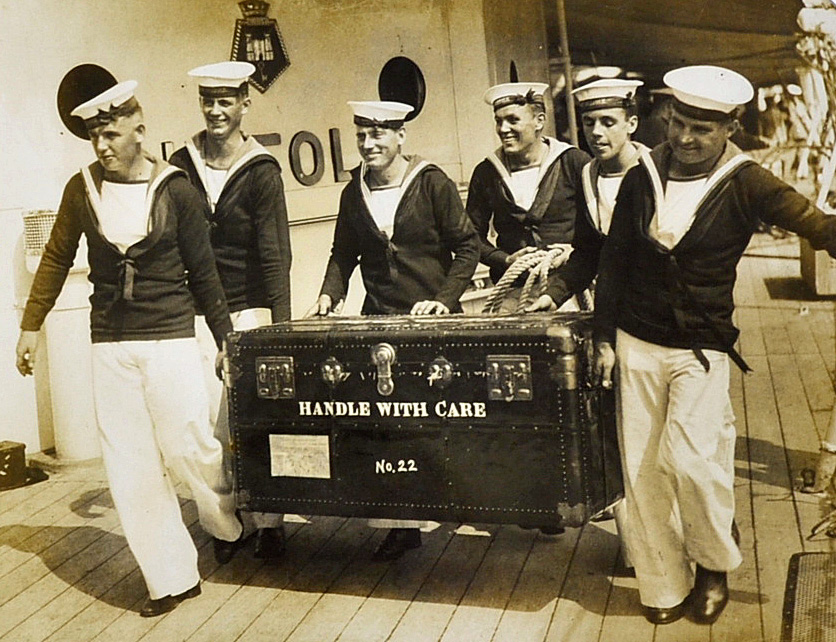 HMS Suffolk Photograph depicting crew onboard, black and white, framed measures 32x27cm approx.