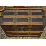 Mid 20th Century Travel Trunk wooden with a bowed top with lath and metal fittings, 27"x 17" x21",