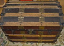 Mid 20th Century Travel Trunk wooden with a bowed top with lath and metal fittings, 27"x 17" x21",