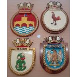 4x Large Royal Navy Ship crests to include Maori, Gamecock, Troubridge and Legion, 45cm high approx.