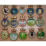 Selection of 15x Royal Navy Ship crests to include HMS Dunkirk, Hood, Trooper, Hanson, Ark Royal,