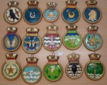 Selection of 15x Royal Navy Ship crests to include HMS Dunkirk, Hood, Trooper, Hanson, Ark Royal,