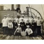 HMS Bonaventure Crew Photograph a black and white photograph depicting crew onboard, framed measures