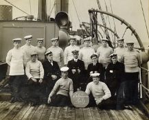 HMS Bonaventure Crew Photograph a black and white photograph depicting crew onboard, framed measures