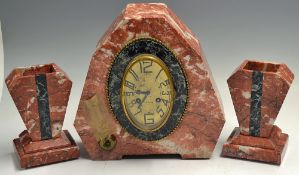 French Marble Clock with garnitures having oval clock face set in marble 29cm high, 30cm wide with a