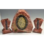 French Marble Clock with garnitures having oval clock face set in marble 29cm high, 30cm wide with a