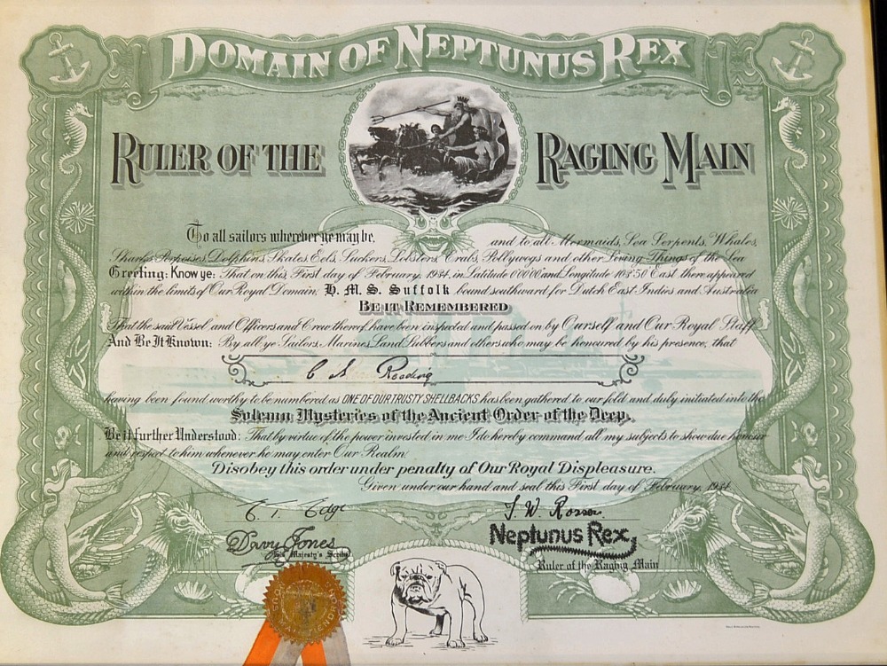 HMS Suffolk - 1934 'Domain of Neptunus Rex' Certificate - Ruler of the Raging Main, HMS Suffolk
