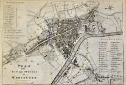 Worcester c.1709 Map depicting a plan of the City and Suburbs of Worcester, appears in good