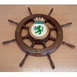 Wooden Ships Wheel with Leamington Ships Crest to centre, measures 66cm dia'