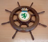 Wooden Ships Wheel with Leamington Ships Crest to centre, measures 66cm dia'