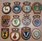 Selection of 12x Royal Navy ship crests to include HMS Roebuck, Leamington, Rocke plus others, all