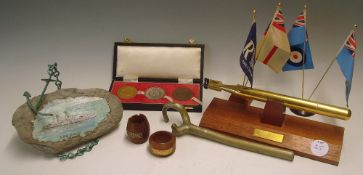 Royal Navy Mixed Lot includes HMS Lincoln painting to on a stone with Anchor and chain stand, 2x