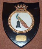 WWII HMS Peacock -Metal Crest taken from ship - mounted to a wooden shield, with a presentation