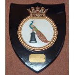 WWII HMS Peacock -Metal Crest taken from ship - mounted to a wooden shield, with a presentation