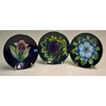 3x Small Moorcroft Pottery Pin Dishes 1993-1995 fruit and floral design, all measure 12cm dia