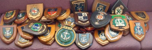 Large collection of Royal Navy Association Crests all mounted to shields from various clubs from