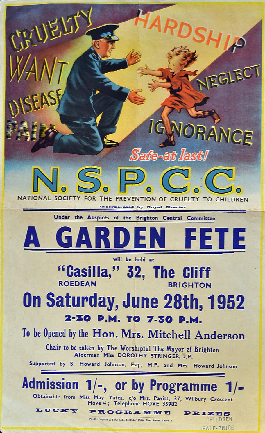 Brighton N.S.P.C.C. Poster 1952 - For a Garden Fete to be held at "Casilla" 32 The Cliff, Roedean,