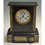 French Marble Clock having round clock face set in Black marble 33cm high, 28cm wide complete with
