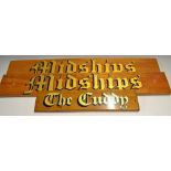 'Midships' and 'The Cuddy' Wooden Signs in gold gilt, measure 86cm in length and 46cm in length