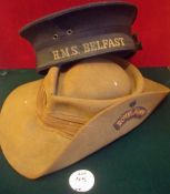 WWII Royal Navy Slouch Hat dated 1942 together with HMS Belfast sailors cap (2)