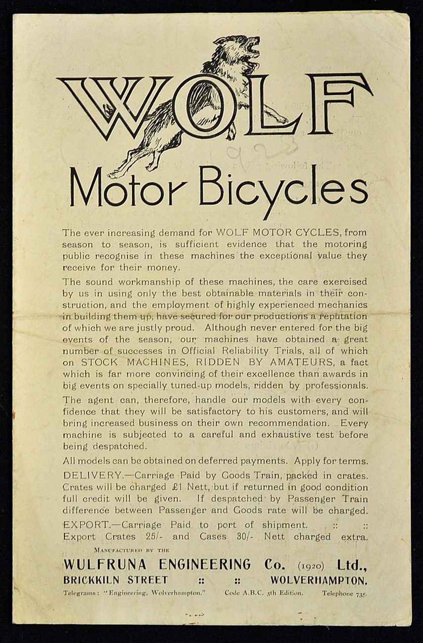 Scarce Wolf Motor Bikes Brochure Circa 1923 - A four page Sales Brochure illustrating a 150 c.c.