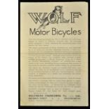 Scarce Wolf Motor Bikes Brochure Circa 1923 - A four page Sales Brochure illustrating a 150 c.c.