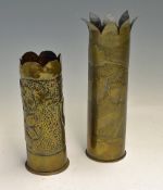 WWI Trench Art - 2x brass mortar shells, both with floral design, one measures 29cm approx. the
