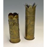 WWI Trench Art - 2x brass mortar shells, both with floral design, one measures 29cm approx. the