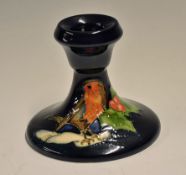 Moorcroft Pottery 1991 Candlestick Holder with Robin and Holly design, measures 9cm approx. high,